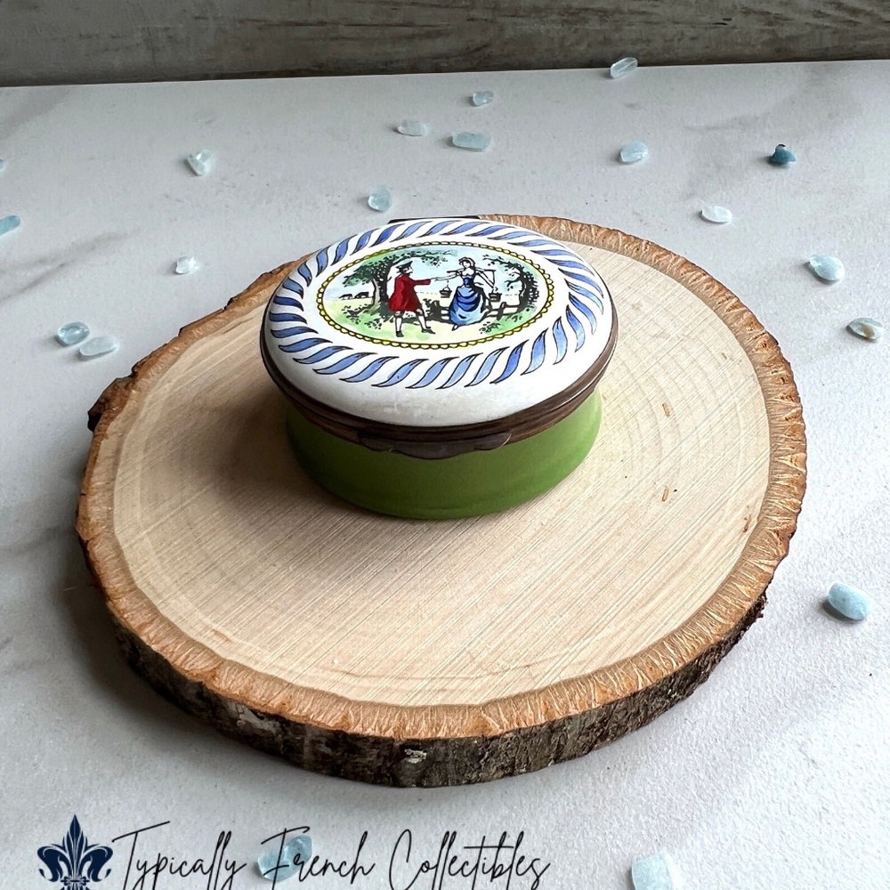 Vintage Halcyon Days Enamel Trinket Box: English Regency Couple, Hand-Painted Pa